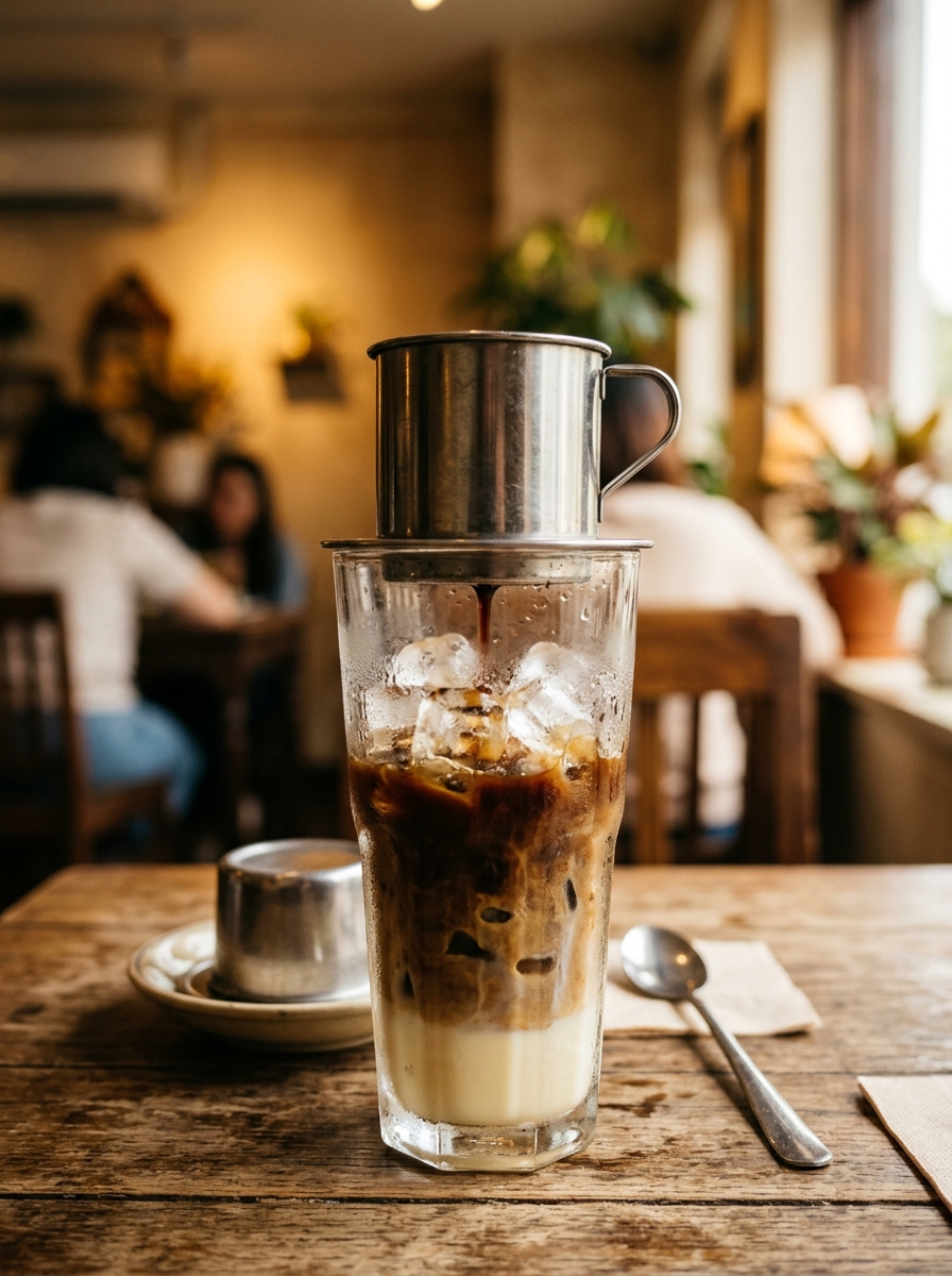 Cà Phê Sữa Đá — Vietnamese iced coffee with a phin filter at Ô MAI Amsterdam